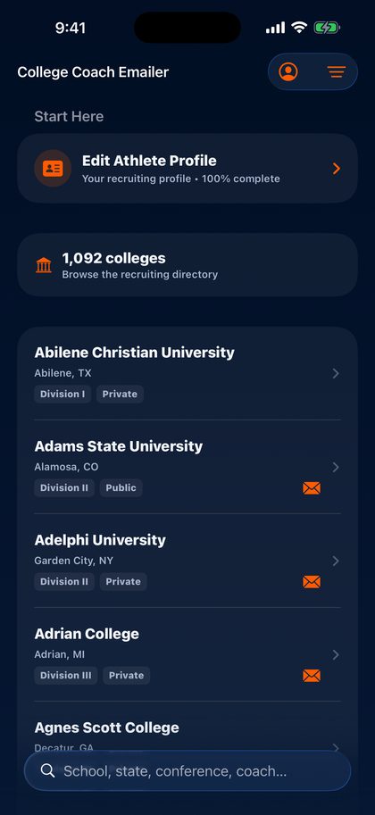 College Coach Emailer: a directory of colleges with division and email buttons