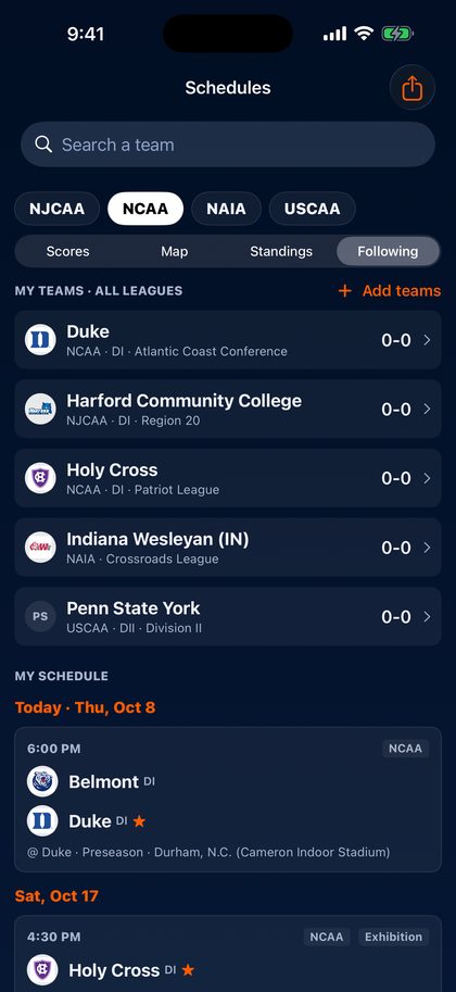 My Schedule: followed teams from NCAA, NJCAA, NAIA and USCAA in one list