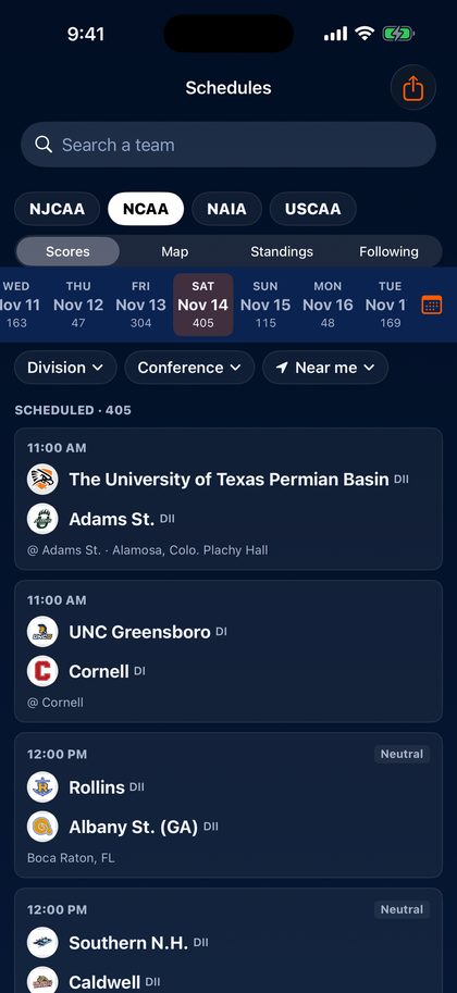 Schedules: NCAA games for Saturday, November 14 with team logos and tip times